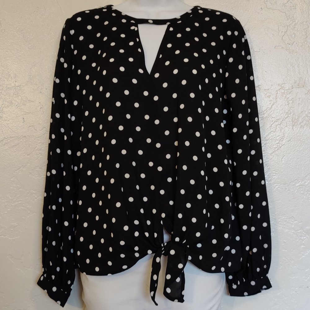 Express black and white polka dot, long sleeve blouse, size M Petite. NWT